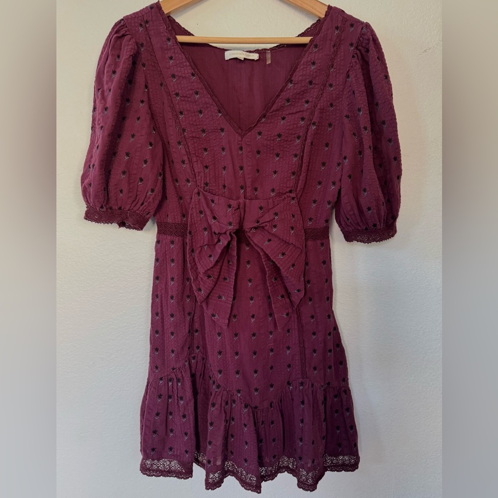 LOVESHACKFANCY Lena Burgundy Puff Sleeve Dress with Bow Detail Spice Small